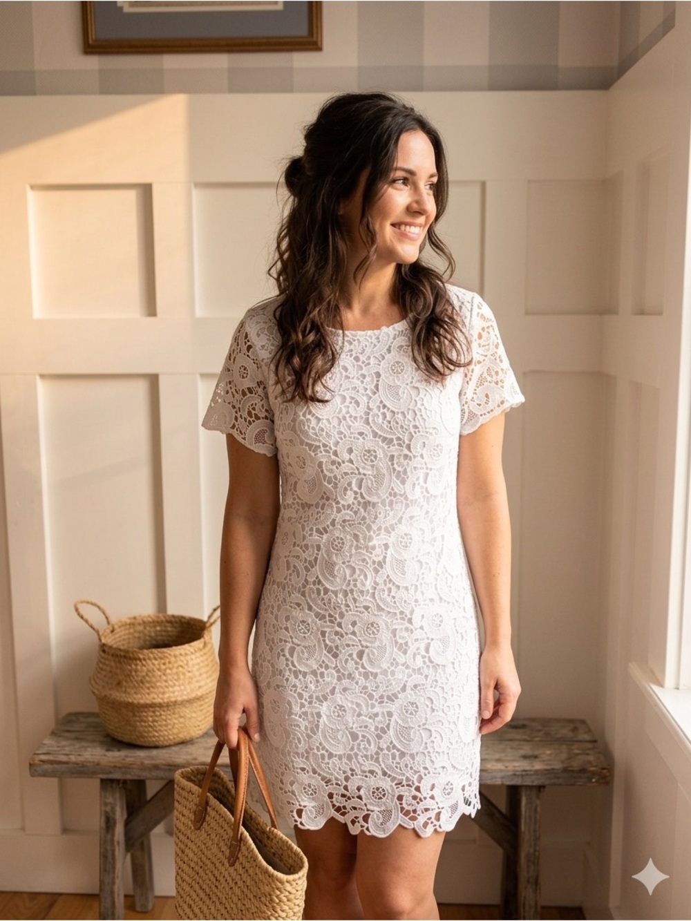 Coastal Summer White Lace Mini Dress with Floral Crochet Medium